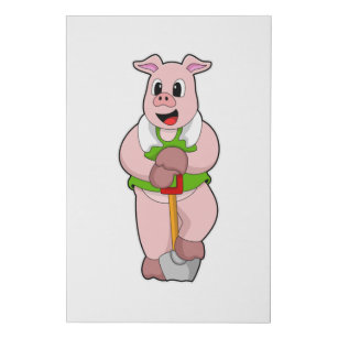 Pig as Farmer with Shovel Faux Canvas Print