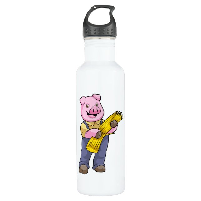 Pig as Farmer with Straw 710 Ml Water Bottle (Front)