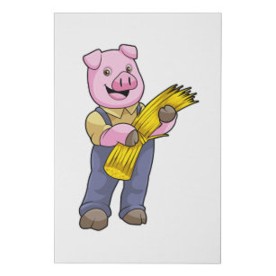 Pig as Farmer with Straw Faux Canvas Print