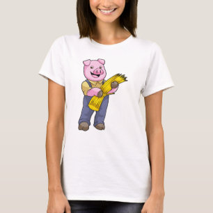 Pig as Farmer with Straw T-Shirt