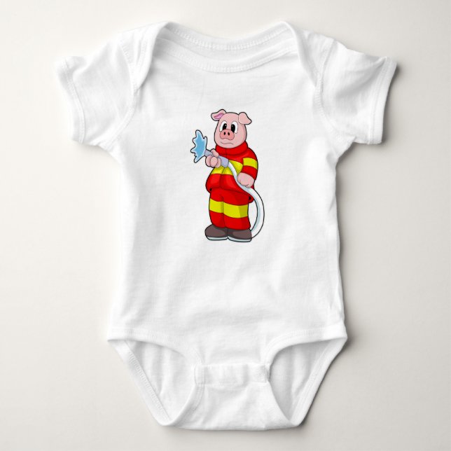 Pig as Firefighter with Hose Baby Bodysuit (Front)