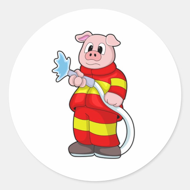 Pig as Firefighter with Hose Classic Round Sticker (Front)
