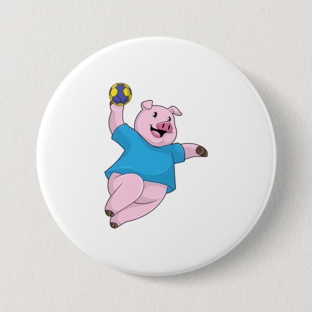Pig as Handball player with Handball 7.5 Cm Round Badge (Front)