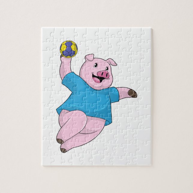 Pig as Handball player with Handball Jigsaw Puzzle (Vertical)