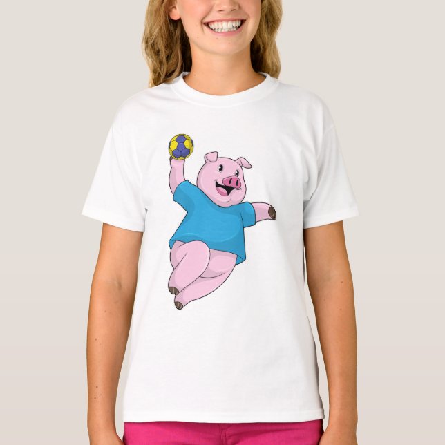 Pig as Handball player with Handball T-Shirt (Front)