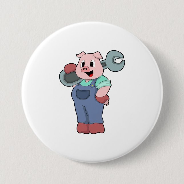 Pig as Mechanic with Wrench 7.5 Cm Round Badge (Front)