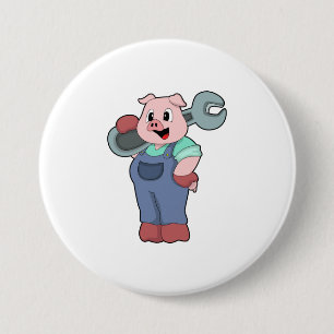 Pig as Mechanic with Wrench 7.5 Cm Round Badge