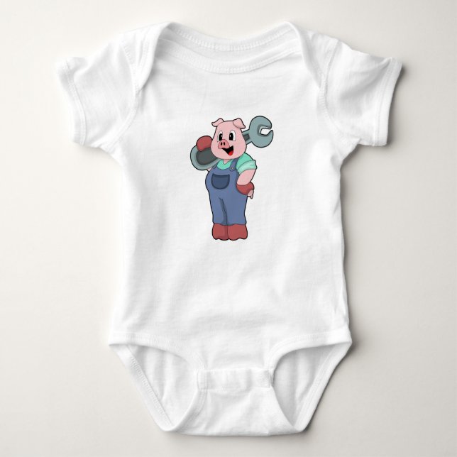 Pig as Mechanic with Wrench Baby Bodysuit (Front)