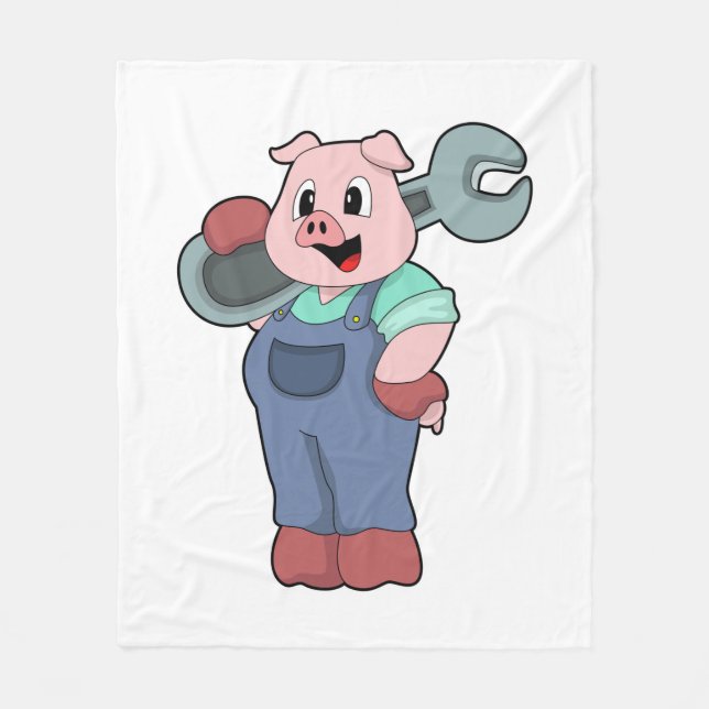 Pig as Mechanic with Wrench Fleece Blanket (Front)