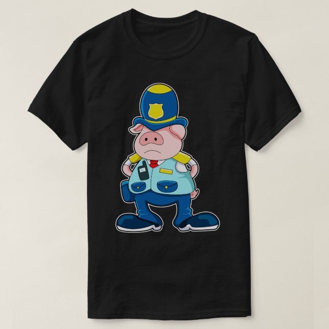 Pig as Police officer with Police Uniform Hat T-Shirt (Design Front)