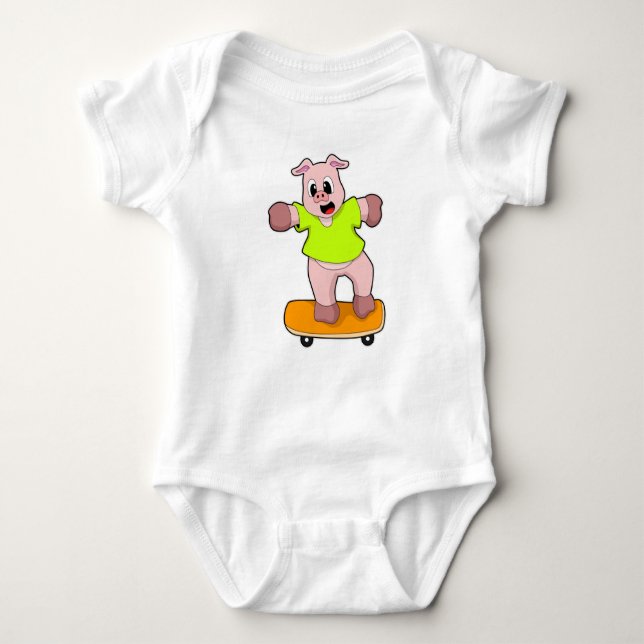 Pig as Skater on Skateboard Baby Bodysuit (Front)