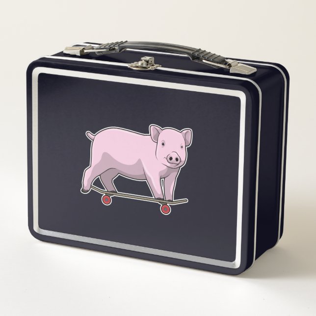 Pig as Skater with Skateboard Metal Lunch Box (Front)