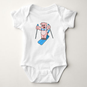 Pig as Skier with Ski Scarf & Ski poles Baby Bodysuit