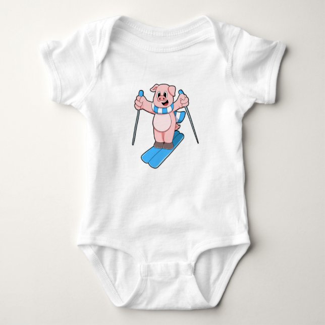 Pig as Skier with Ski Scarf & Ski poles Baby Bodysuit (Front)