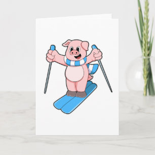 Pig as Skier with Ski Scarf & Ski poles Card