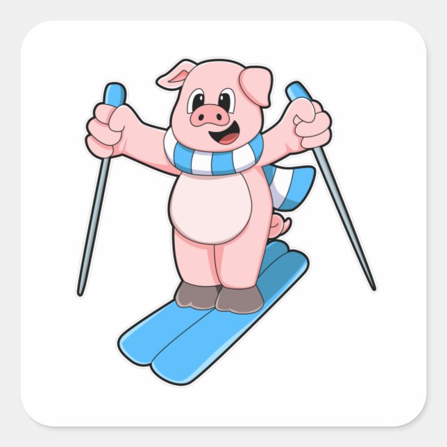 Pig as Skier with Ski Scarf & Ski poles Square Sticker (Front)