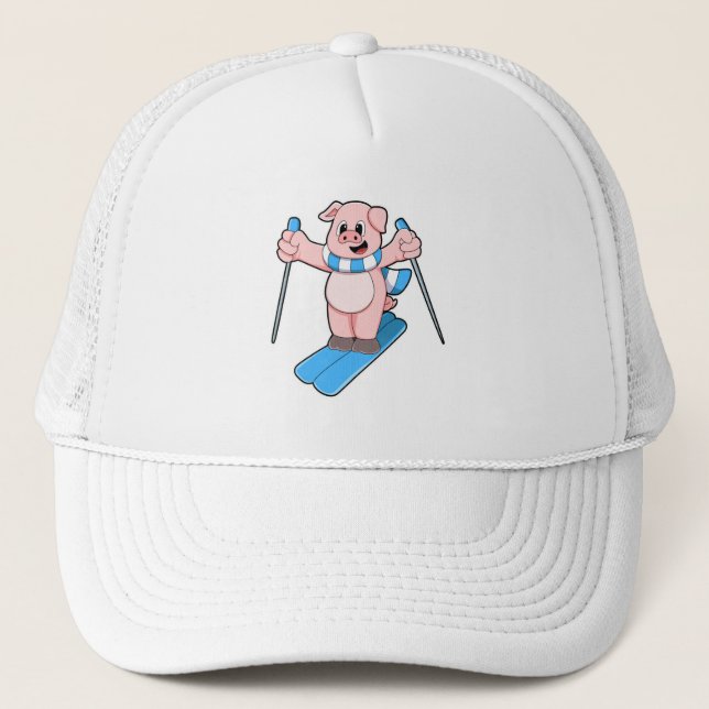 Pig as Skier with Ski Scarf & Ski poles Trucker Hat (Front)