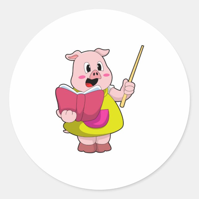 Pig as Teacher with Book Classic Round Sticker (Front)