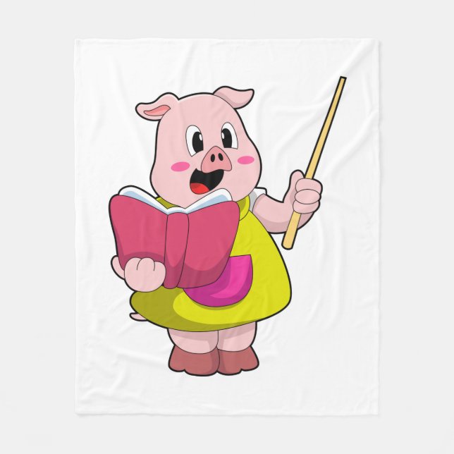 Pig as Teacher with Book Fleece Blanket (Front)