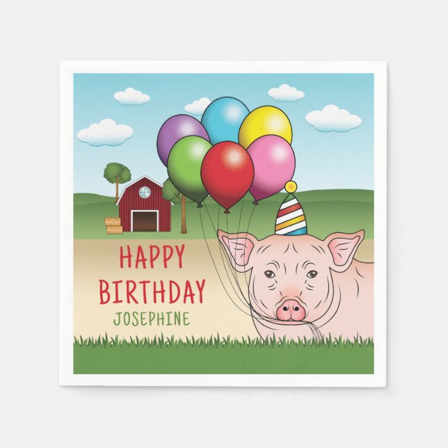 Pig At A Farm Holding Balloons Kid's Birthday Napkin (Front)