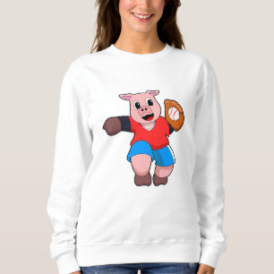 Pig at Baseball with Baseball glove Sweatshirt