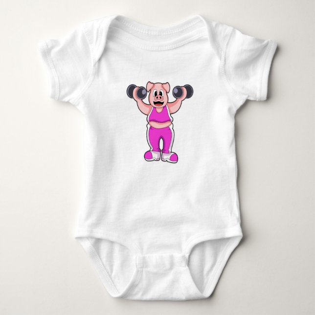 Pig at Bodybuilding with Dumbbells Baby Bodysuit (Front)