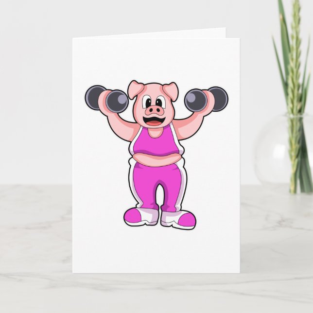 Pig at Bodybuilding with Dumbbells Card (Front)