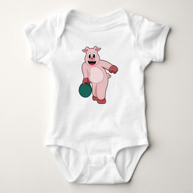 Pig at Bowling with Bowling ball Baby Bodysuit (Front)