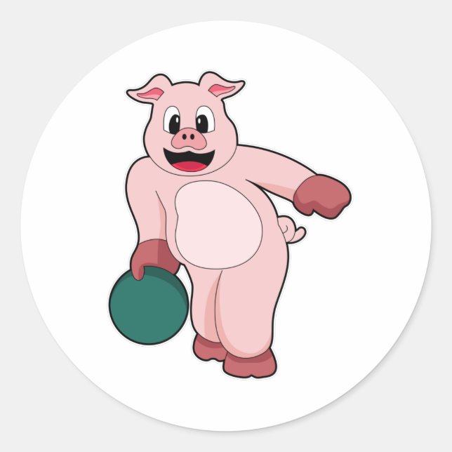 Pig at Bowling with Bowling ball Classic Round Sticker (Front)