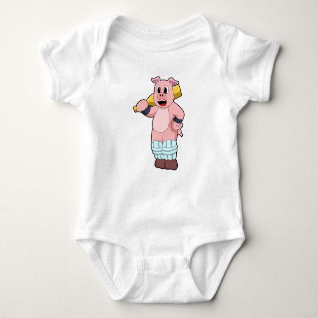 Pig at Cricket with Cricket bat Baby Bodysuit (Front)