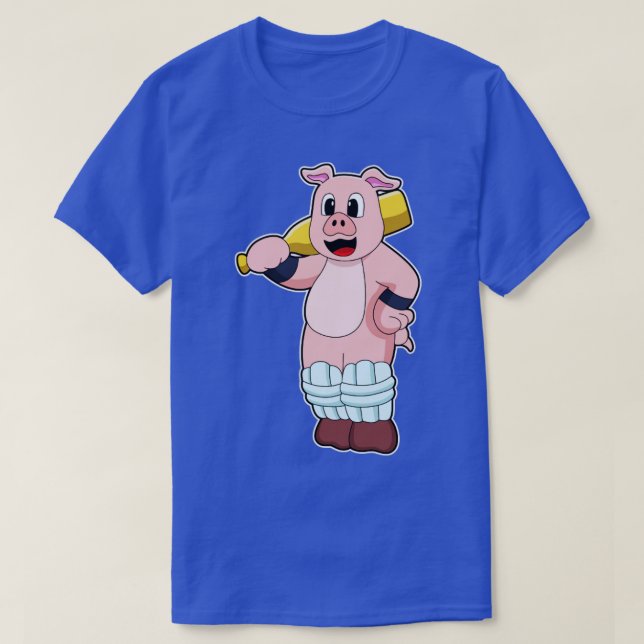 Pig at Cricket with Cricket bat  T-Shirt (Design Front)