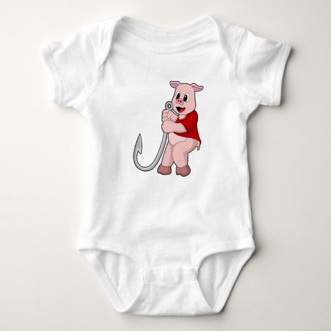 Pig at Fishing with Fish hook Baby Bodysuit (Front)
