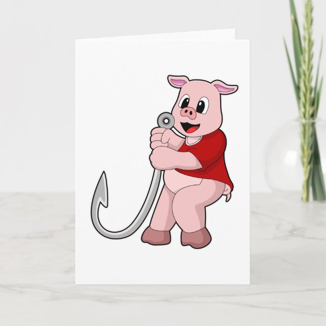Pig at Fishing with Fish hook Card (Front)