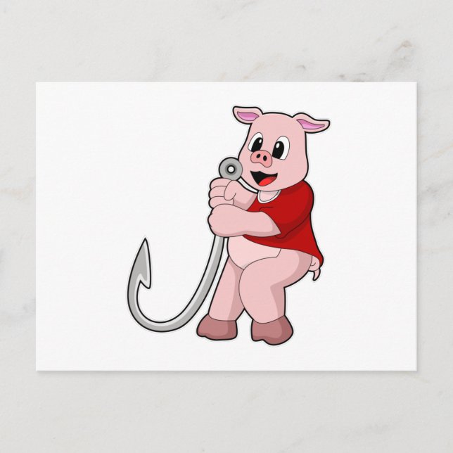 Pig at Fishing with Fish hook Postcard (Front)