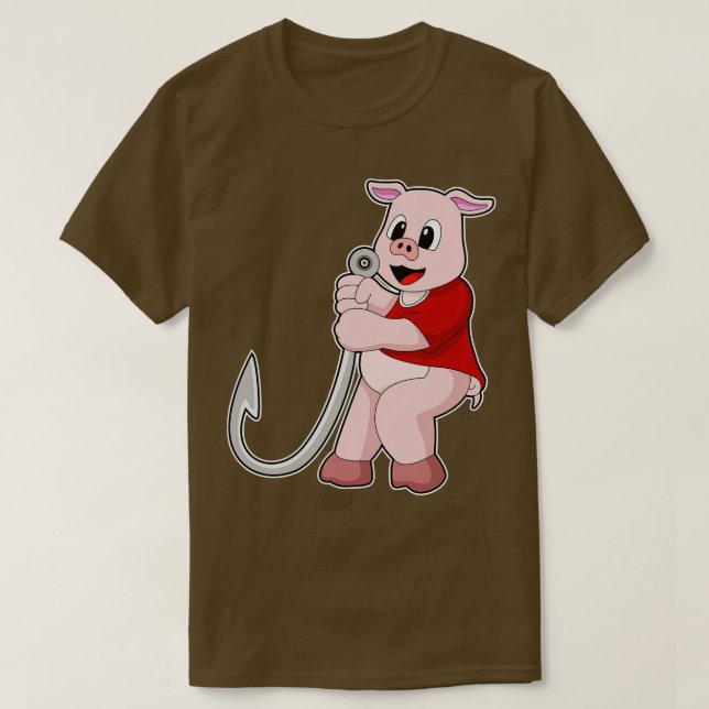 Pig at Fishing with Fish hook T-Shirt (Design Front)