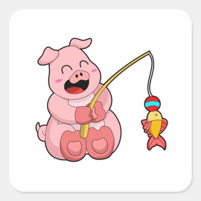 Pig at Fishing with Fish Square Sticker (Front)