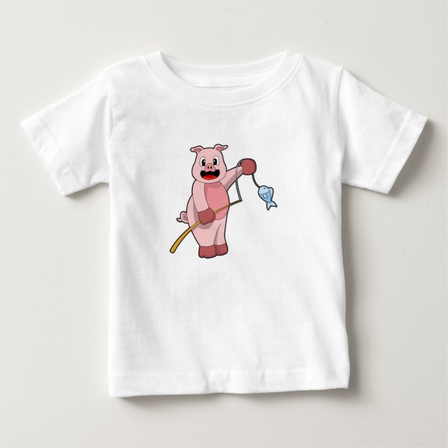Pig at Fishing with Fishing rod & Fish Baby T-Shirt (Front)