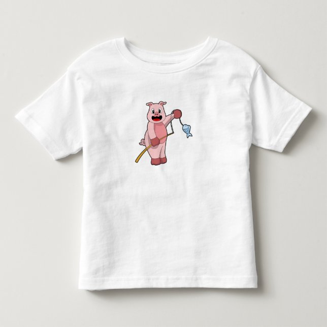 Pig at Fishing with Fishing rod & Fish Toddler T-Shirt (Front)
