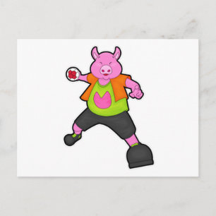 Pig at Handball player with Handball Postcard