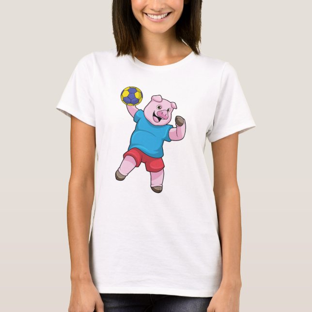 Pig at Handball Sports T-Shirt (Front)