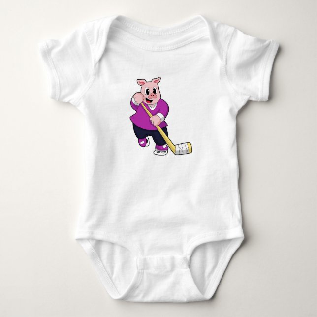 Pig at Ice hockey with Ice hockey stick Baby Bodysuit (Front)