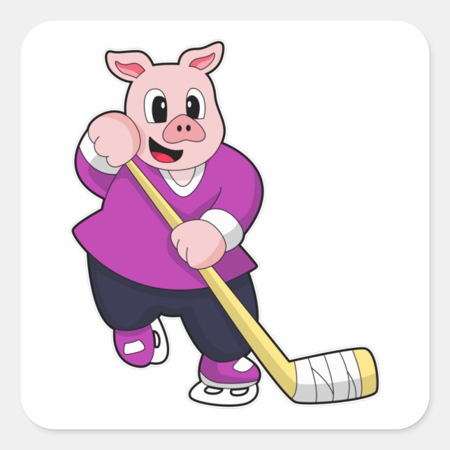 Pig at Ice hockey with Ice hockey stick Square Sticker (Front)