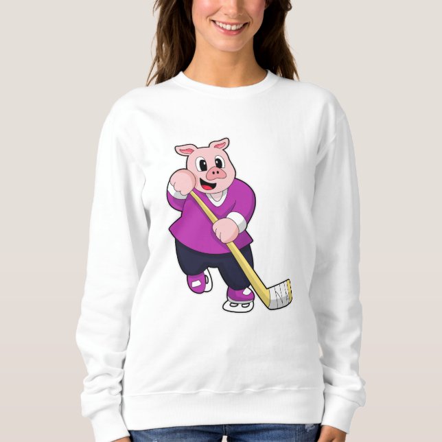 Pig at Ice hockey with Ice hockey stick Sweatshirt (Front)