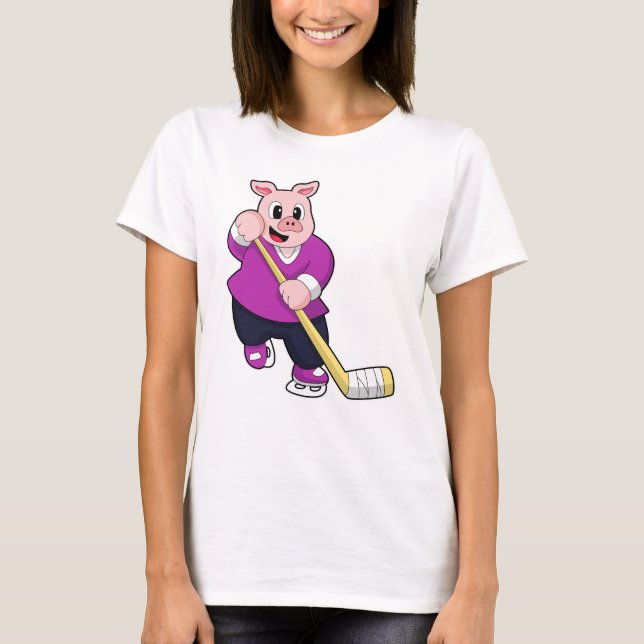 Pig at Ice hockey with Ice hockey stick T-Shirt (Front)