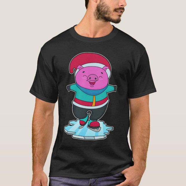 Pig at Ice skating with Ice skates & Hat T-Shirt (Front)