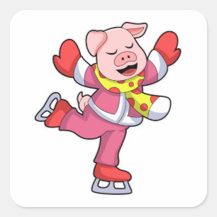 Pig at Ice skating with Ice skates Square Sticker