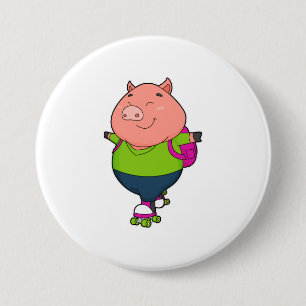Pig at Inline skating with Roller skates 7.5 Cm Round Badge