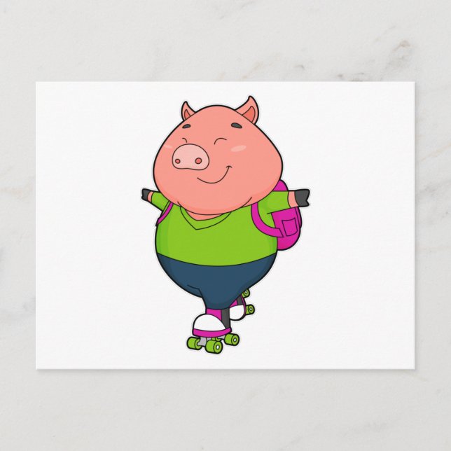 Pig at Inline skating with Roller skates Postcard (Front)