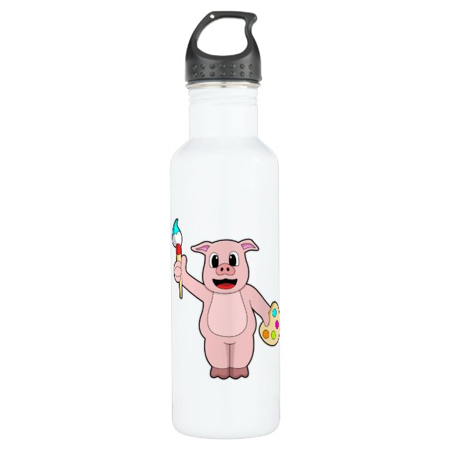 Pig at Painting with Brush & Colour 710 Ml Water Bottle (Front)