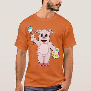 Pig at Painting with Brush Colour T-Shirt